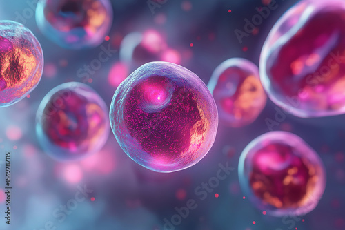 Embryonic stem cells colony under a microscope. Cellular therapy and research of regeneration and disease treatment in seamless 3D illustration. Biology and medicine of human body concept
