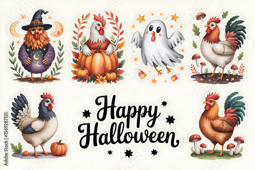 Festive poultry celebrate Halloween with quirky costumes and playful decorations in a whimsical art display Generative AI