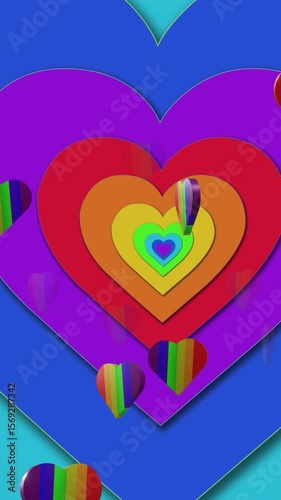 Animation of rainbow hearts over rainbow background