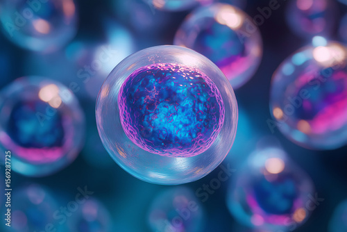 Embryonic stem cells colony under a microscope. Cellular therapy and research of regeneration and disease treatment in seamless 3D illustration. Biology and medicine of human body concept