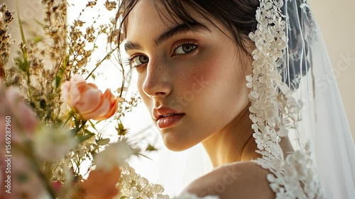 Woman in lace wedding dress, floral bouquet, studio portrait