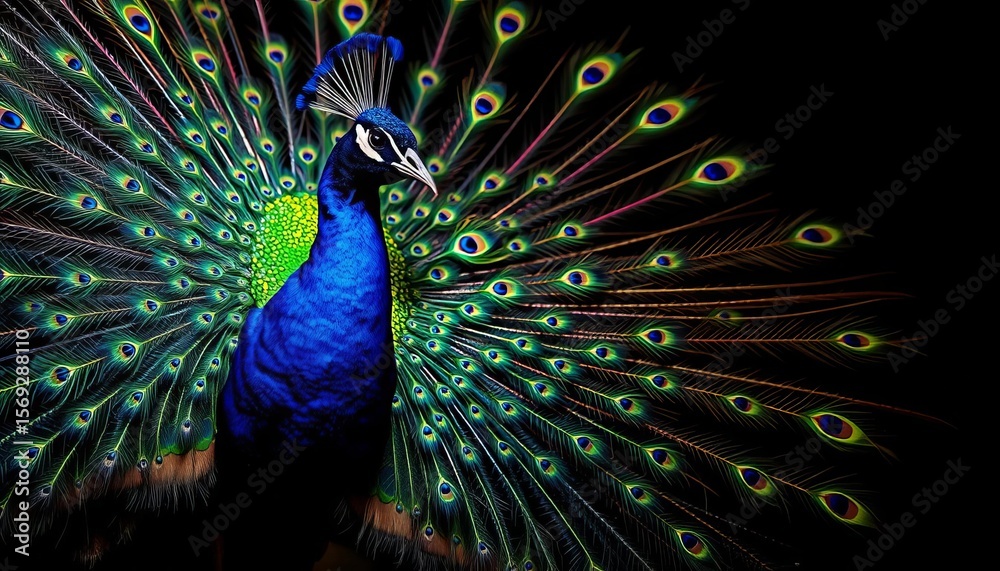 Obraz premium A vibrant peacock's iridescent plumage explodes against a deep black background , vivid, pattern