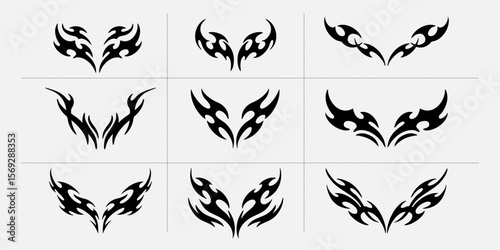Set of 9 Neo Y2K tribal tattoo vector designs with symmetrical black shapes. Perfect for edgy fashion, t-shirt graphics, decals, and modern body art aesthetics.