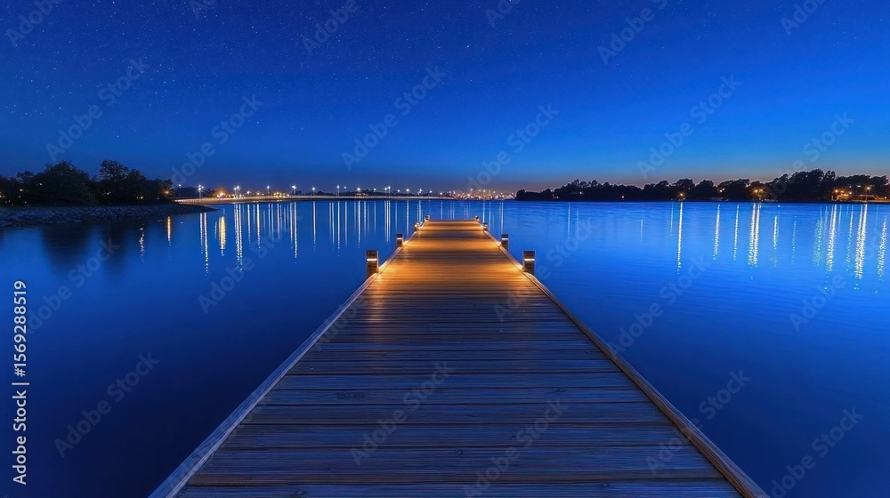 Fototapeta premium Peaceful wooden pier at night, reflecting stars and city lights