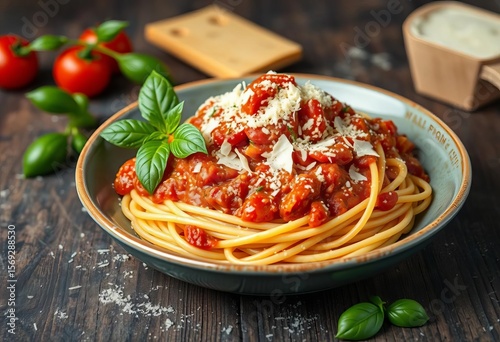 Classic spaghetti with rich tomato sauce and parmesan cheese,  delicious,  tomato sauce
