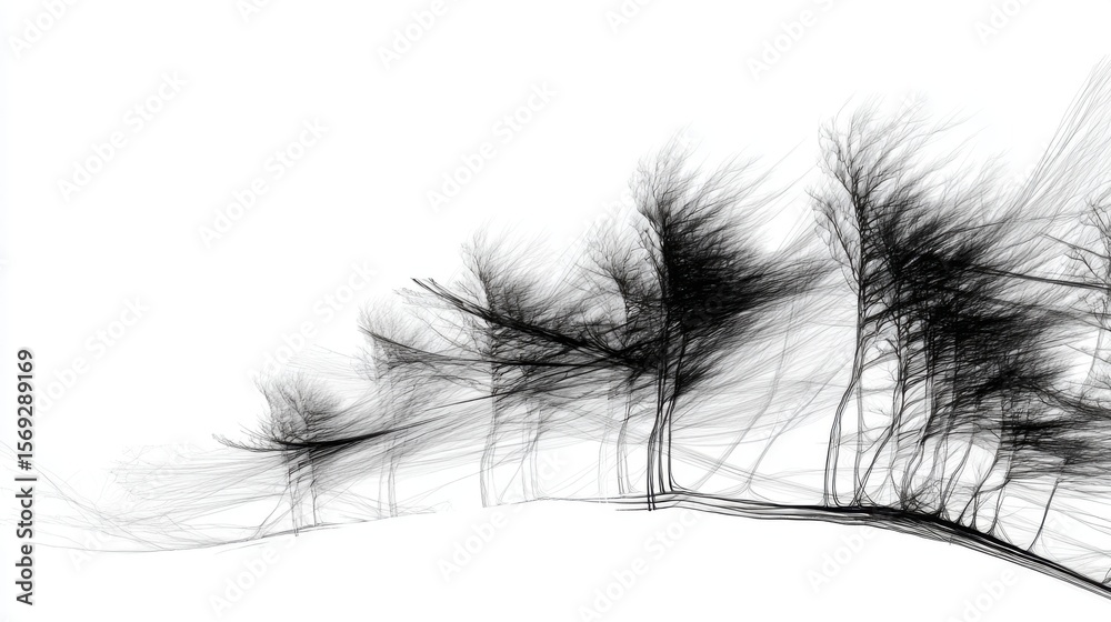 Obraz premium Black and White Digital Art: Abstract Lines of Wind in Trees