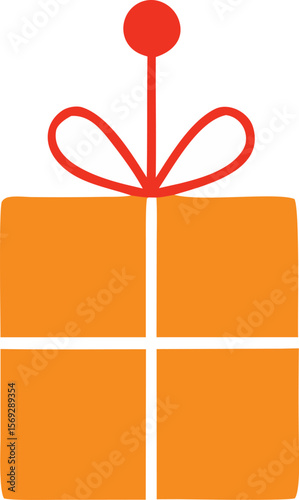 A simple graphic illustration of an orange gift box with a red ribbon and bow perfect for celebrations and special occasions