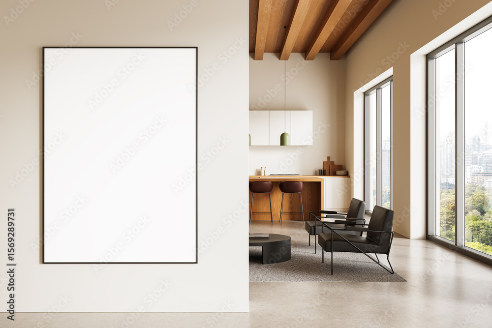 Fototapeta premium Blank poster mockup in modern interior with clean wall and minimal furniture layout for art, branding, or design presentation template concept. 3D Rendering