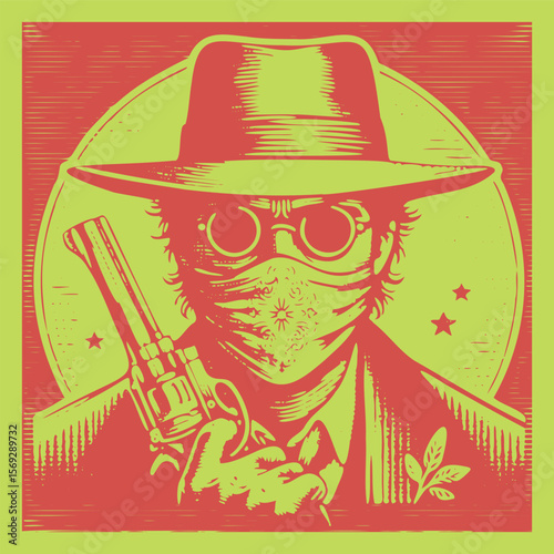 Halftone effect red portrait of man with gun wearing hat and mask, vintage postal stamp style vector illustration, bold graphic design, dramatic silhouette, street art inspired digital art