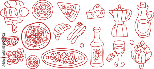 Hand drawn Italian food icon doodle vector set featuring pizza, pasta, herbs, desserts, and drinks. Perfect for menus, packaging, and social posts. Hand-drawn, fun, modern, and foodie-themed elements.