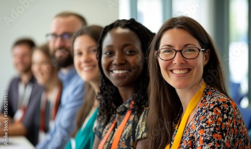 Diverse and inclusive group of office colleagues smiling at a team-building workshop event. This image promotes workplace race inclusion and diversity in a supportive environment, Generative AI