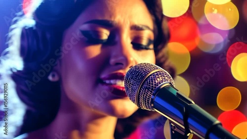 Woman singing into microphone, nightclub atmosphere, vibrant lights, performer in a musical setting