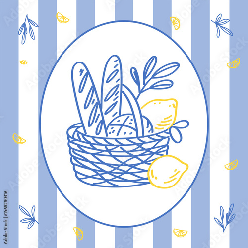Outline Bread Baguette Basket Illustration. Romantic Picnic Bakery Food Ingredients Sketch Line Art. Mediterranean Travel Vacation Atmosphere. Tourism Agency Card Print. Doodle Hand Drawn Sketch Bread