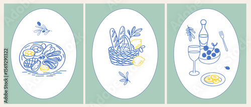 Outline Bread Baguette Basket Illustration. Romantic Picnic Bakery Food Ingredients Sketch Line Art. Mediterranean Travel Vacation Atmosphere. Tourism Agency Card Print. Doodle Hand Drawn Sketch Bread
