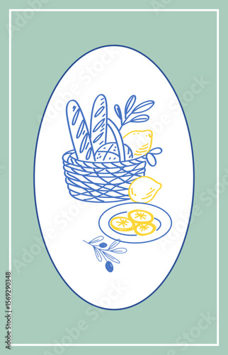 Outline Bread Baguette Basket Illustration. Romantic Picnic Bakery Food Ingredients Sketch Line Art. Mediterranean Travel Vacation Atmosphere. Tourism Agency Card Print. Doodle Hand Drawn Sketch Bread