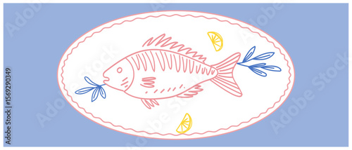 Outline Fish Poster. Sketch Vintage Amalfi Style Card. Mediterranean Food Healthy Eating Symbol. Hand Drawn Travel Card, Cafe or Restraint Menu, T Shirt Print Design, Postcard Surface. Line Contour