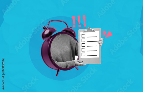 Surreal concept of time management featuring a person merged with alarm clock holding checklist clipboard on vibrant blue background with exclamation marks.