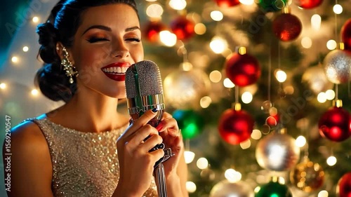 Woman Singing Christmas Carol, Festive Room, Christmas Tree Background