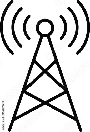 Simple black line art icon of a communication tower broadcasting signals