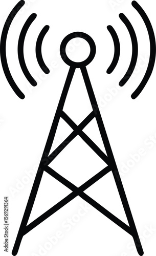 Simple black line art icon of a communication tower broadcasting signals