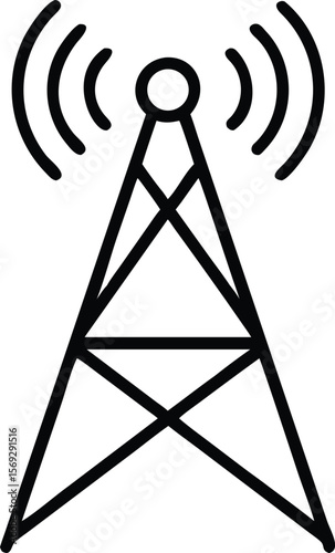 Simple black line art icon of a communication tower broadcasting signals