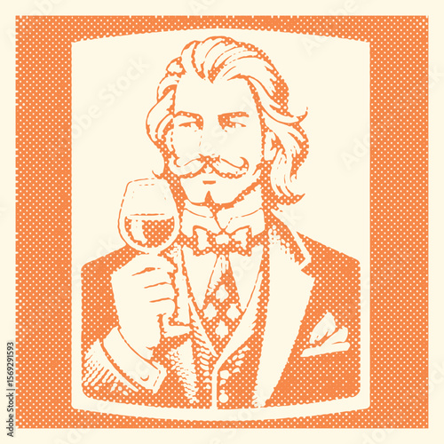 Orange color halftone effect Gentleman with long hair and mustache holding wine glass vector postal stamp style illustration vintage retro design art decoration masculine stylish classy beverage celeb