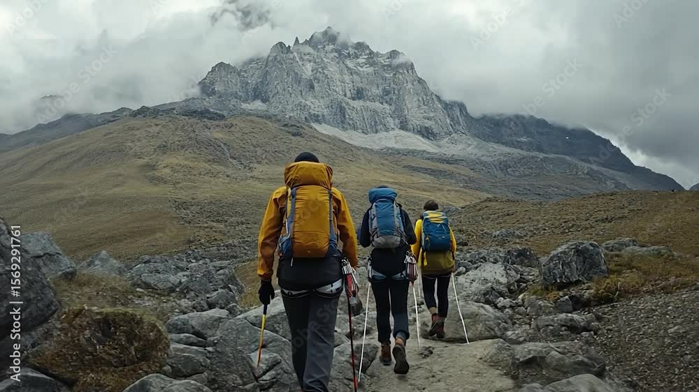 Hikers ascend a rugged mountain trail