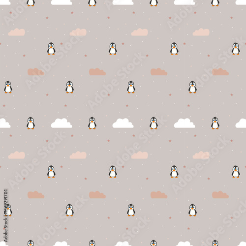  Fabric pattern, cute cartoon penguin, gray background, moon, clouds, stars, prominent with bright big eyes, various poses such as standing, smiling, waving, jumping, cheerful, giving a sense of f