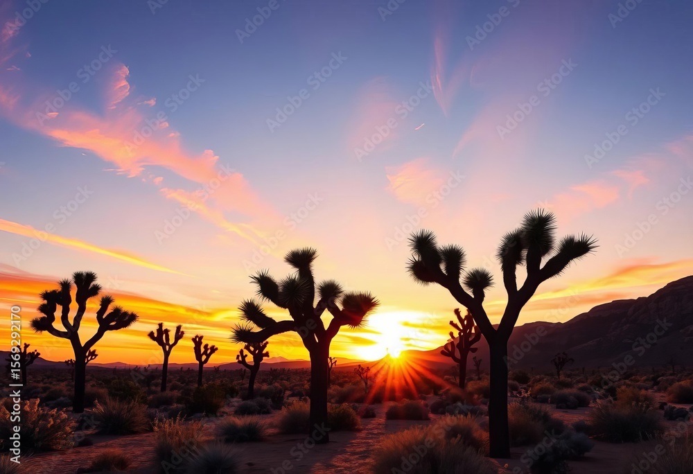 Fototapeta premium Vibrant sunrise paints the Joshua Trees silhouettes in fiery hues, casting long shadows across the desert landscape, ecology, nature