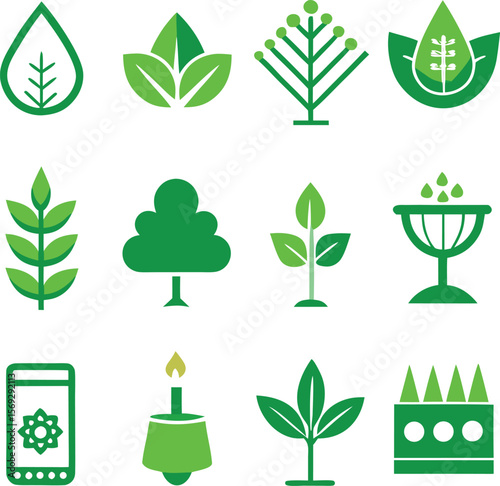 Collection of stylized green nature and growth icons representing plants trees water drops and technology