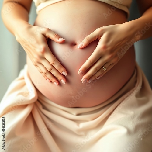 Wallpaper Mural Close-up of a pregnant woman’s belly with hands gently forming a heart shape, expressing love and anticipation. The background is soft and neutral, emphasizing the tenderness of motherhood. Torontodigital.ca