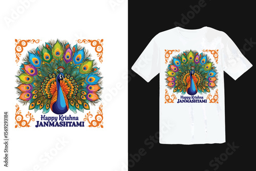 Happy Krishna Janmashtami T shirt Design with Peacock and Ornamental Elements