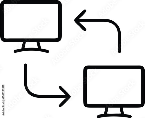 Two computer monitors connected by arrows indicating data transfer or communication