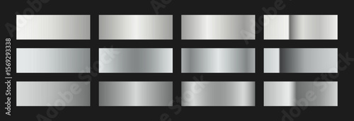 Cool silver and grey chrome gradient swatches collection. Metallic textures with polished foil shine and satin smooth. Luxury palette for modern and high-techl designs and branding