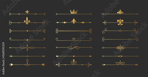 Elegant gold fine line dividers with vintage ornaments. Set of classic and minimalist flourishes. Vector border designs for premium labels, packaging and wedding invites.