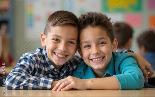 Young happy man with Down syndrome with his mentoring friend celebrating success indoors at school. High quality
