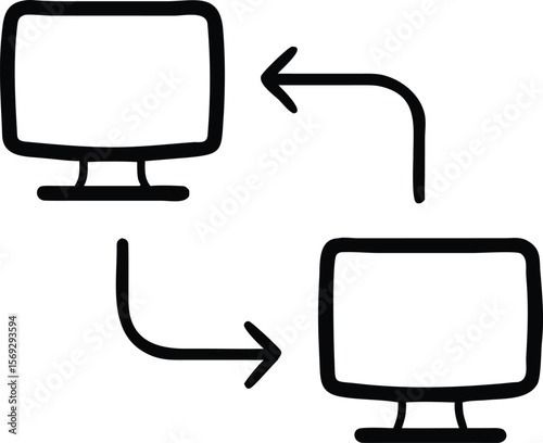 Two computer monitors connected by arrows indicating data transfer or communication