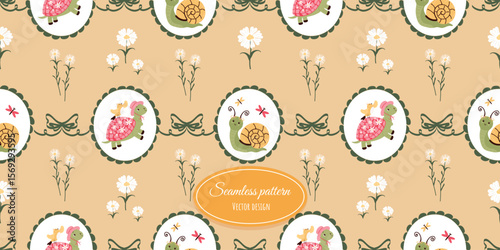 Vintage modern children's seamless drawing with a funny turtle, snail, bird, butterflies, and flowers. Flirty wallpaper with bows and frames. Vector design.