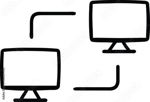 Two computer monitors connected by lines representing data transfer or network connection