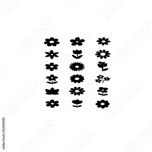 A collection of twenty one black flower icons on a white background