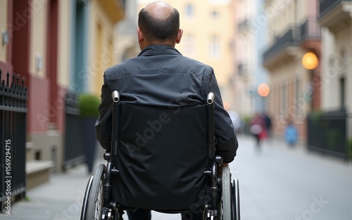 Back view of a man in a wheelchair with a physical disability and mobility disorder. High quality