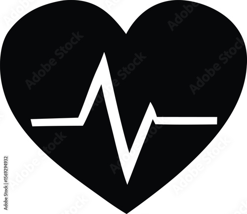 A stark black heart silhouette prominently features a bold white electrocardiogram pulse line representing life and health