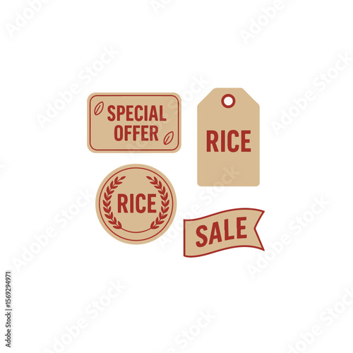 A collection of rice sale and special offer promotion labels set