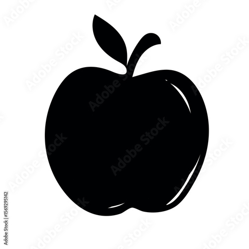 Simple black silhouette of a fresh apple with a stem and two leaves