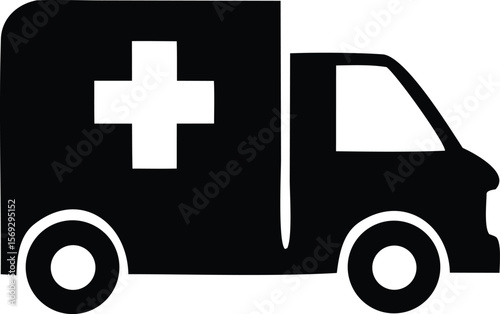 Simple black silhouette icon of an ambulance with a white cross on its side representing emergency medical services and transportation
