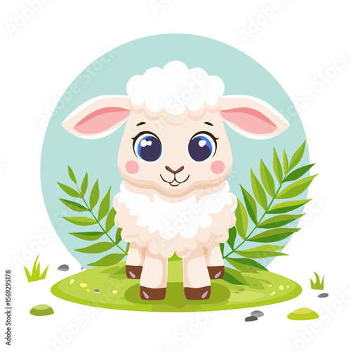 Cute Cartoon Lamb in a Field with Plants and a Light Blue Background