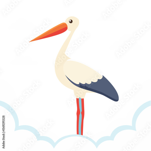 Cartoon stork carrying a red package, surrounded by clouds