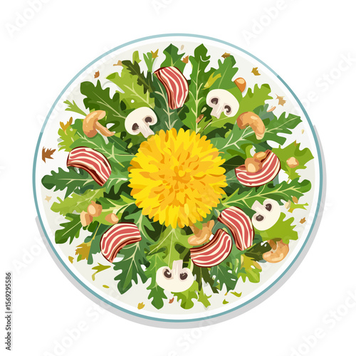 Dandelion Salad with Bacon and Mushrooms on a White Plate, Aerial View