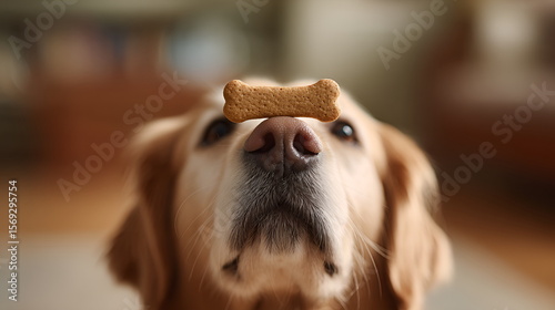 Golden retriever dog balancing treat on its nose indoors  