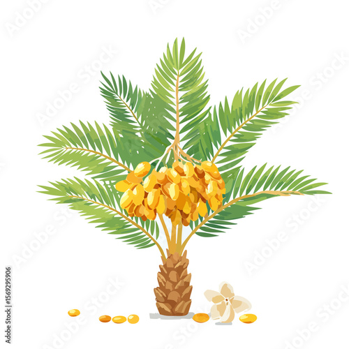 Illustration of a date palm tree with dates, flower and some loose fruits.